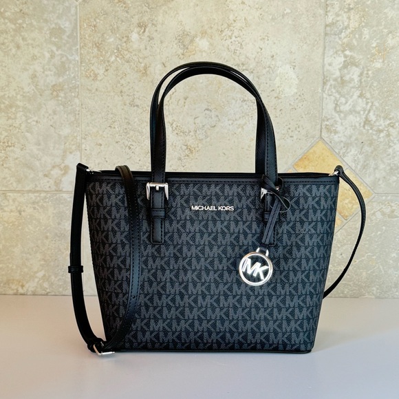 Michael Kors Jet Set Travel XS Tote Shoulder Bag MK Black/Silver - Picture 2 of 12